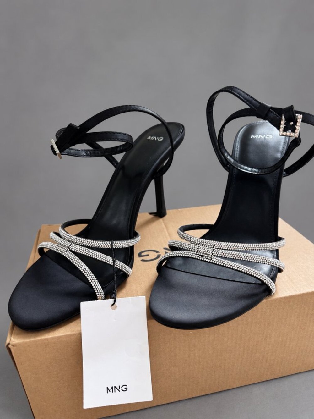Mango MNG Black Rhinestone Strappy Stiletto Sandals Heels Size 10 NIB